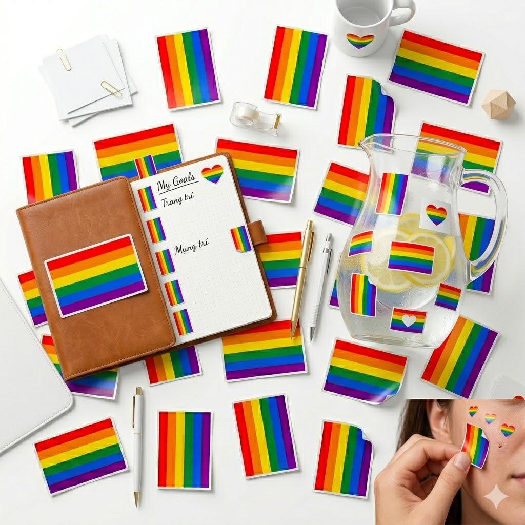 Combo 250 Miếng Sticker Cầu Vồng LGBT Lục Sắc 3x5cm - Phụ Kiện Pride Shop LGBT