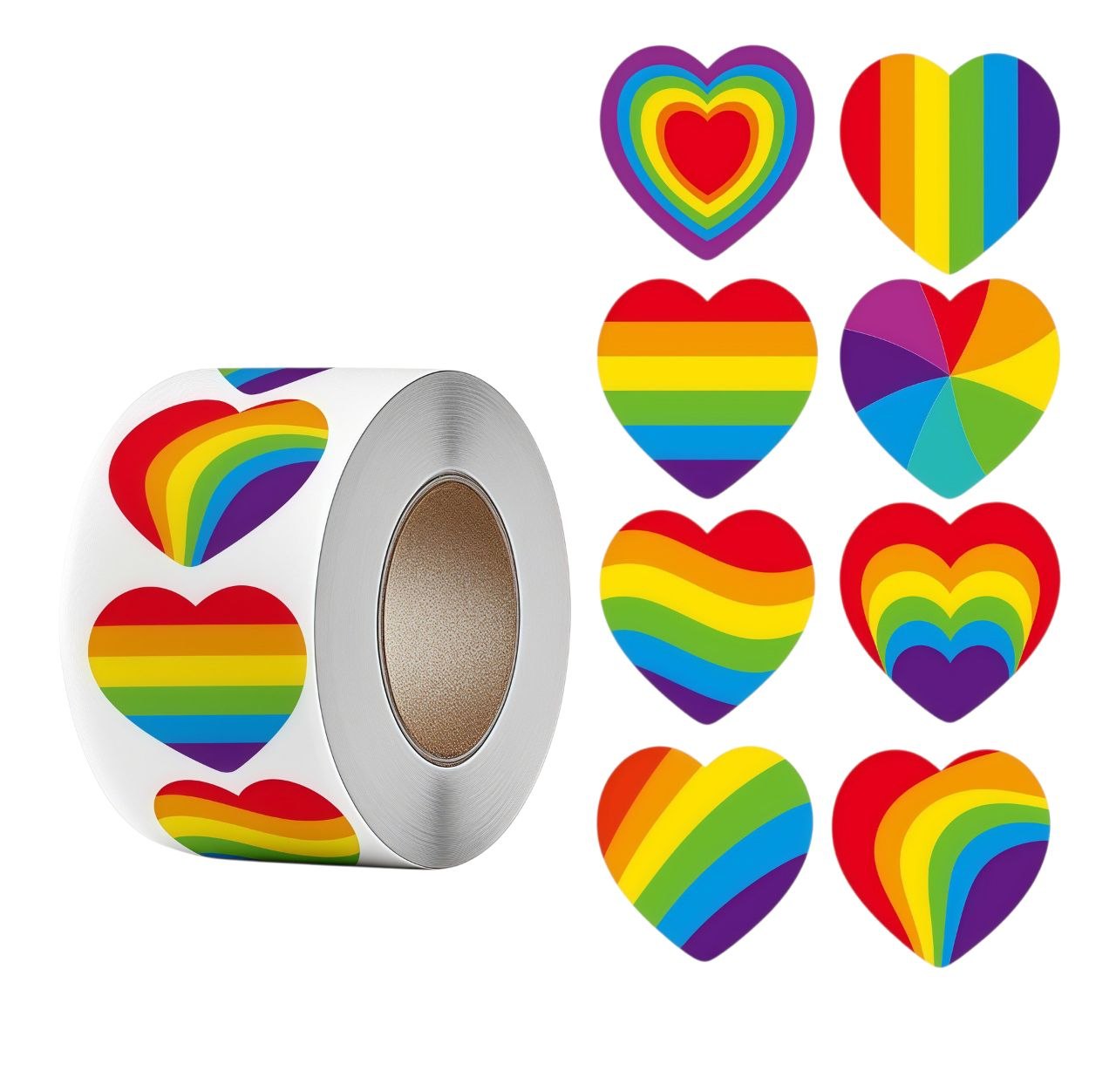 Cuộn 500 Sticker Trái Tim Cầu Vồng LGBT Lục Sắc (2.5cm/1 inch) - Tem Dán Niêm Phong Mix 8 Họa Tiết Trang Trí Pride - Chuẩn Pro9x