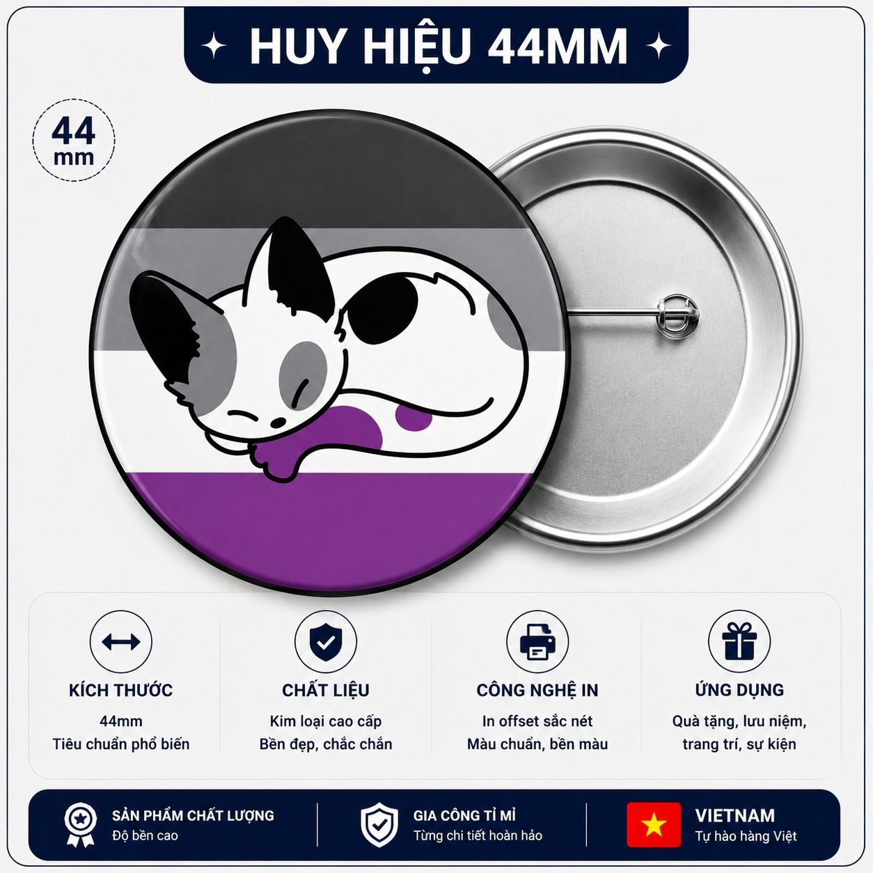 Huy Hiệu LGBT 44mm Cờ Vô Tính (Asexual) - Hình Mèo Cuộn Tròn Đáng Yêu