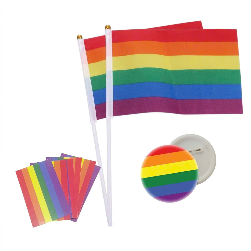 LGBT lục sắc - 2 Cờ cầm tay , huy hiệu , 10 sticker