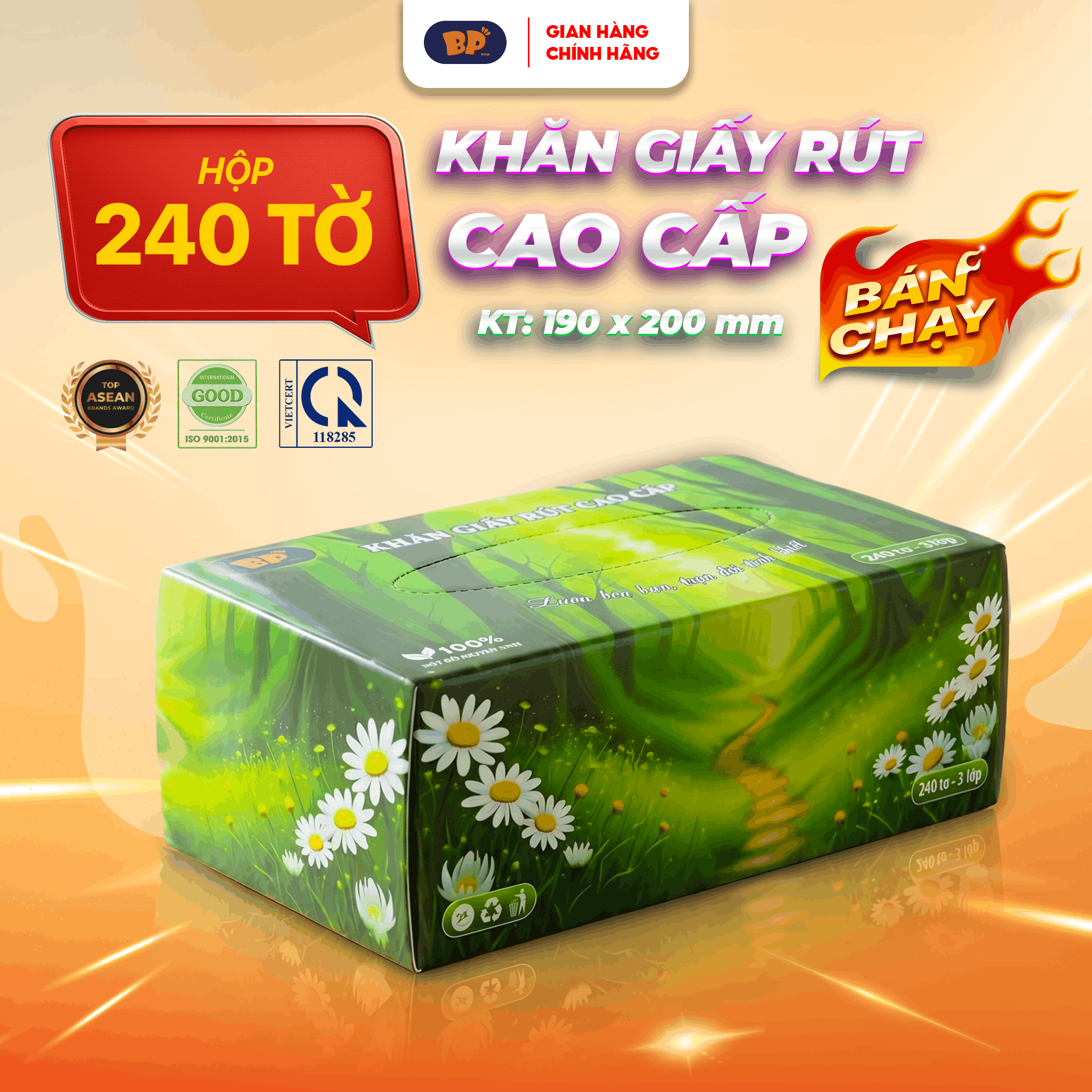 Khăn Giấy Rút Cao Cấp BP Tissue Hộp 240 Tờ 100% Bột Giấy Nguyên Sinh Thấm Hút Tốt An Toàn Cho Da