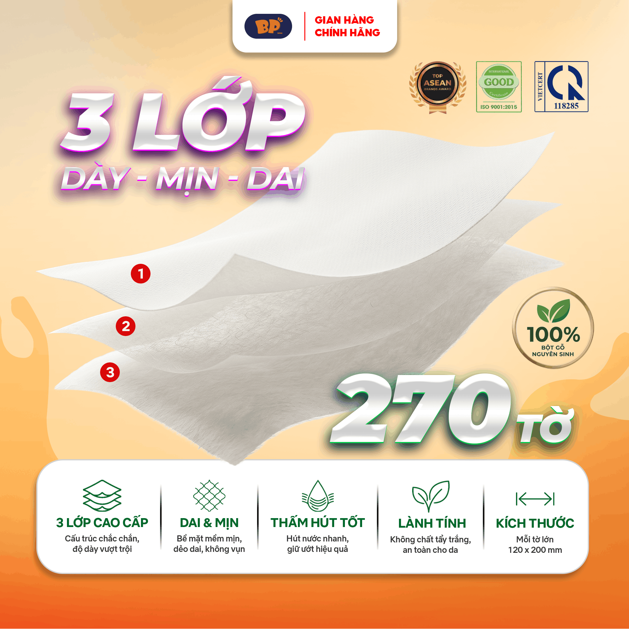 Mua 30 Tặng 6 Gói Khăn Giấy Rút BP Tissue Gói 270 Tờ 3 Lớp Dày Mềm Thấm Hút Nhanh Thiết Kế Tiện Lợi