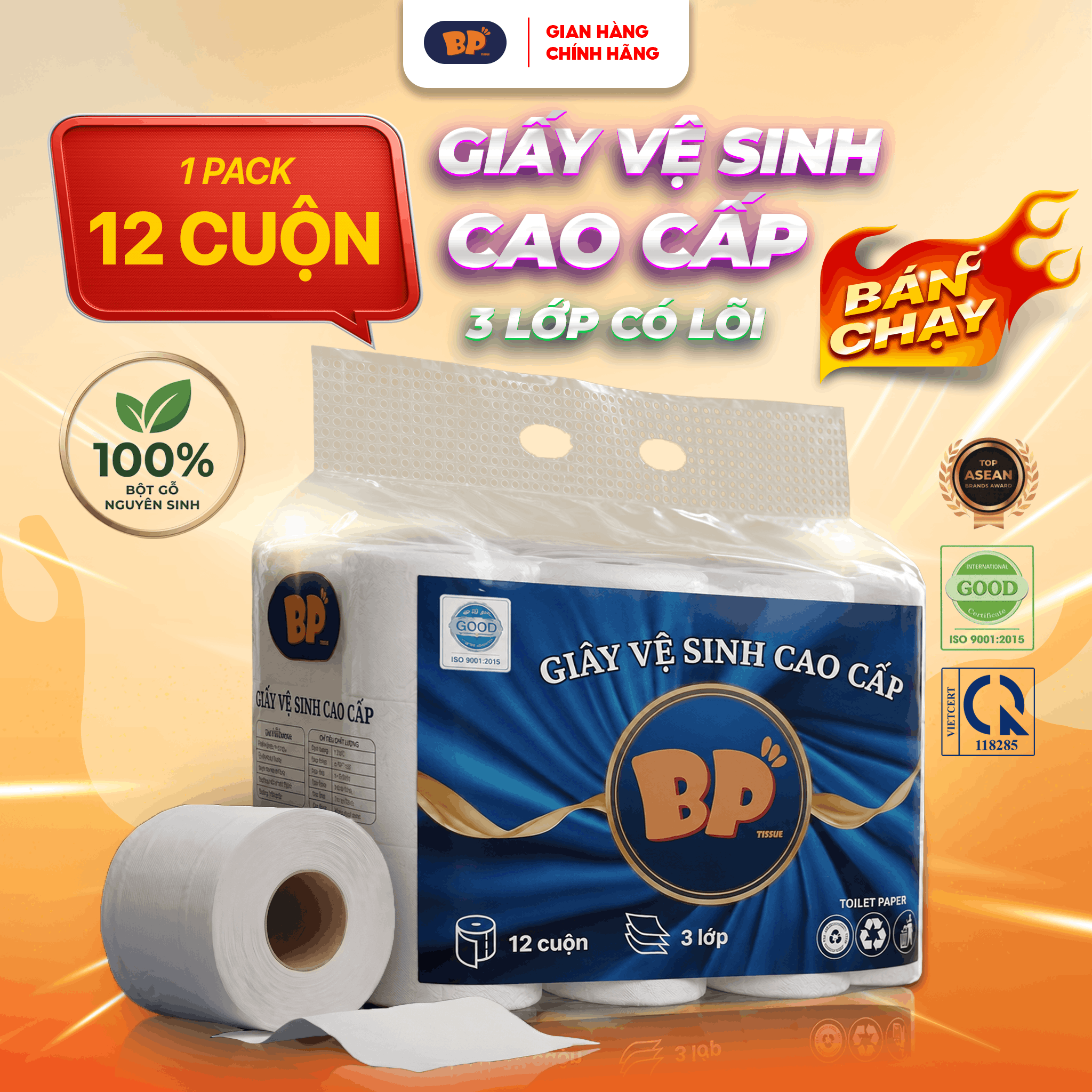 Giấy Vệ Sinh Có Lõi Cao Cấp BP Tissue 12 Cuộn 3 Lớp Chất Liệu Mềm Mại An Toàn Loại Bỏ 99% V.i K.huẩn Thấm Hút Tốt Tiện Lợi