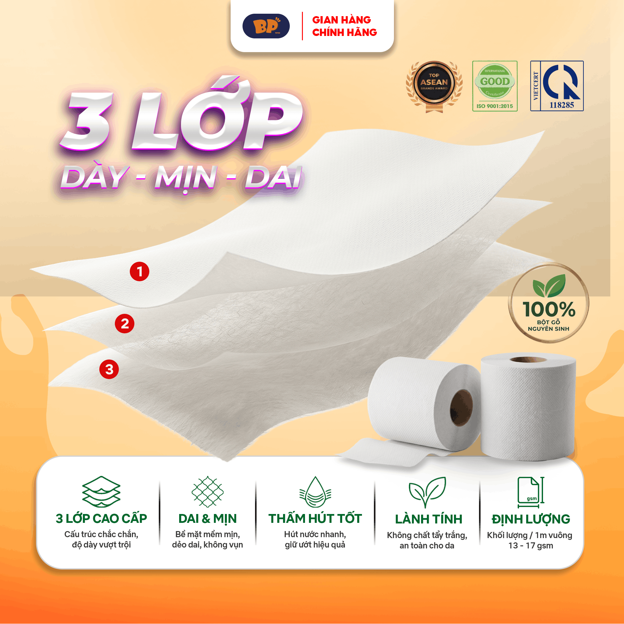Combo 3 Bịch Giấy Vệ Sinh Có Lõi 12 Cuộn  BP TISSUE + Tặng 2 Gói Giấy Rút 270 Tờ Chất Liệu Nguyên Sinh An Toàn