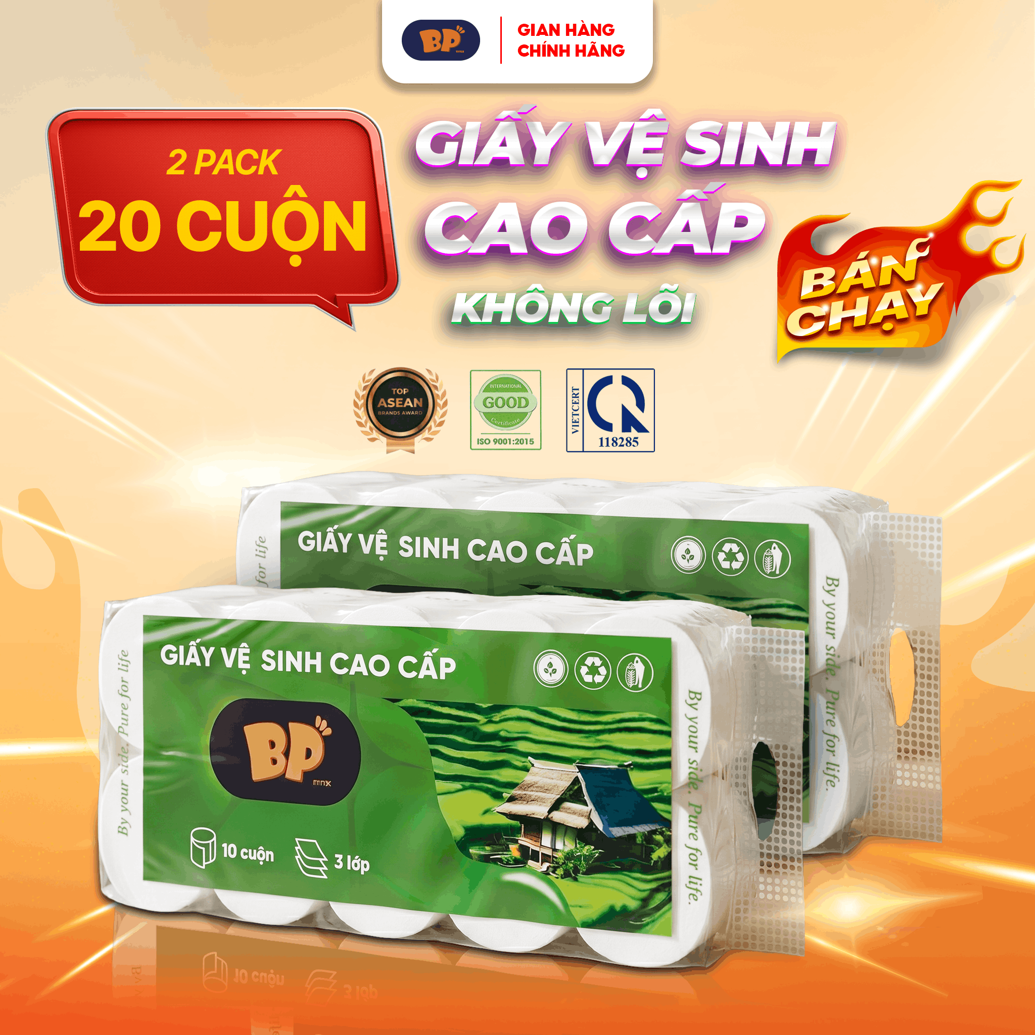 Giấy Vệ Sinh Cao Cấp BP Tissue Bịch 10 Cuộn 3 Lớp Dày Mềm 100% Bột Giấy Nguyên Sinh An Toàn Tiện Lợi