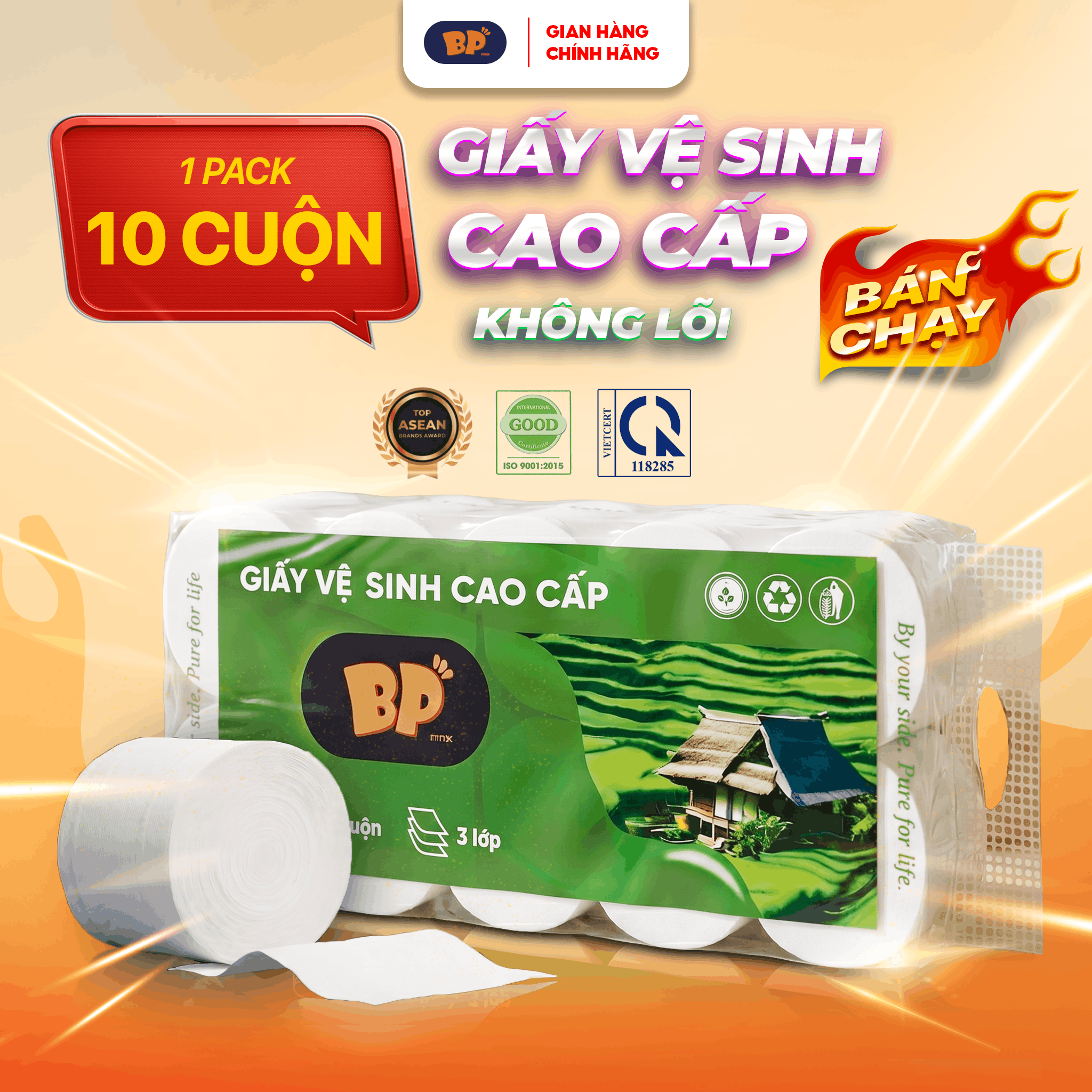 Giấy Vệ Sinh Cao Cấp BP Tissue Bịch 10 Cuộn 3 Lớp Dày Mềm 100% Bột Giấy Nguyên Sinh An Toàn Tiện Lợi