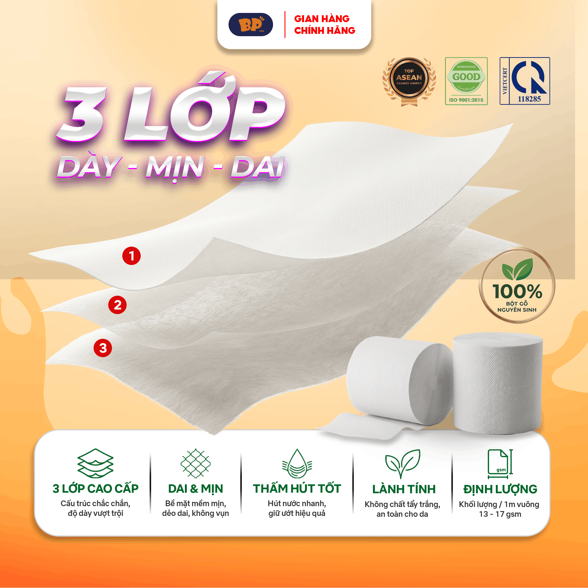 Combo 4 Bịch Giấy Vệ Sinh BP Tissue 10 Cuộn Dày 3 Lớp Cao Cấp Mềm Mịn An Toàn Lành Tính Dịu Nhẹ( Tặng 2 gói giấy rút 270 tờ )