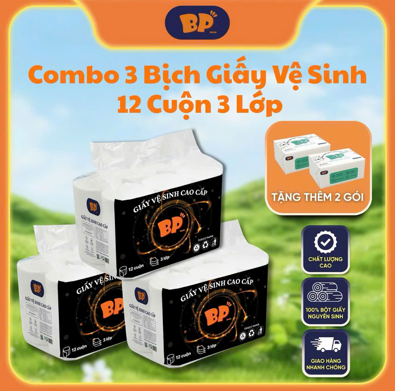 Combo 3 Bịch Giấy Vệ Sinh 12 Cuộn BP TISSUE Tặng 2 Gói Giấy Rút 270 Tờ Chất Liệu Nguyên Sinh An Toàn Thấm Hút Nhanh