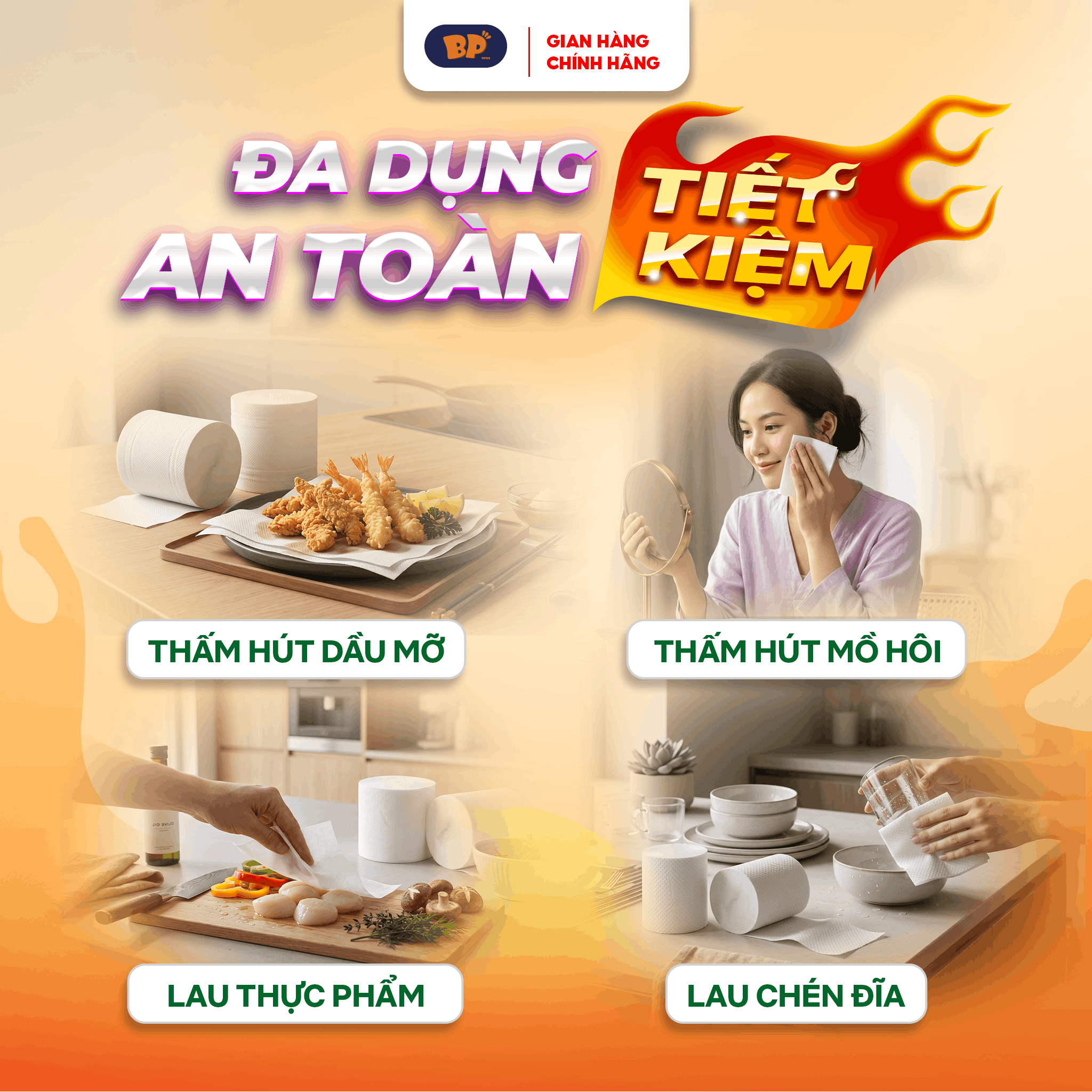 Combo 4 Bịch Giấy Vệ Sinh BP Tissue 10 Cuộn Dày 3 Lớp Cao Cấp Mềm Mịn An Toàn Lành Tính Dịu Nhẹ( Tặng 2 gói giấy rút 270 tờ )
