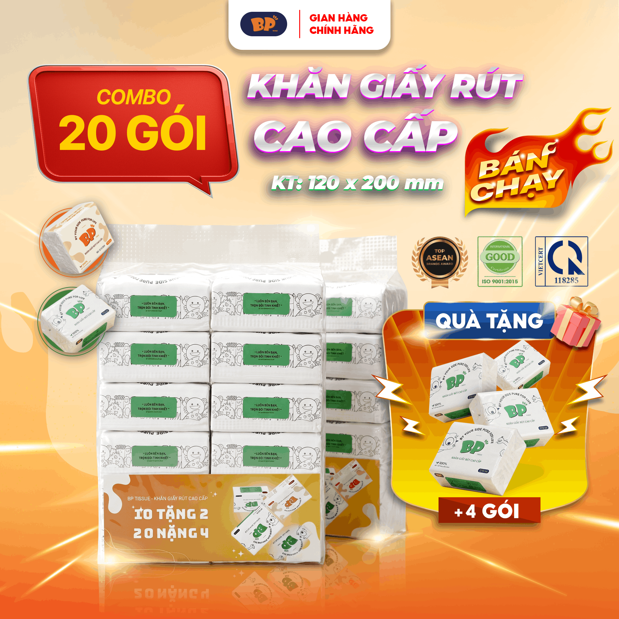 Mua 20 Tặng 4 Gói Khăn Giấy Rút BP Tissue Gói 270 Tờ 3 Lớp Dày Mềm Thấm Hút Nhanh Thiết Kế Tiện Lợi