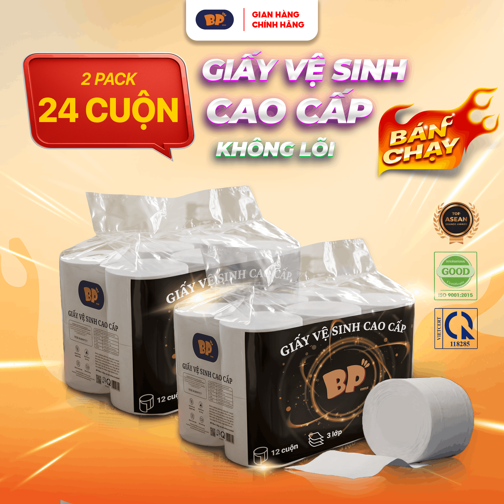 Giấy Vệ Sinh Cao Cấp Không Lõi BP Tissue 12 Cuộn 3 Lớp Chất Liệu Mềm Mại An Toàn Loại Bỏ 99% V.i K.huẩn Thấm Hút Tốt Tiện Lợi