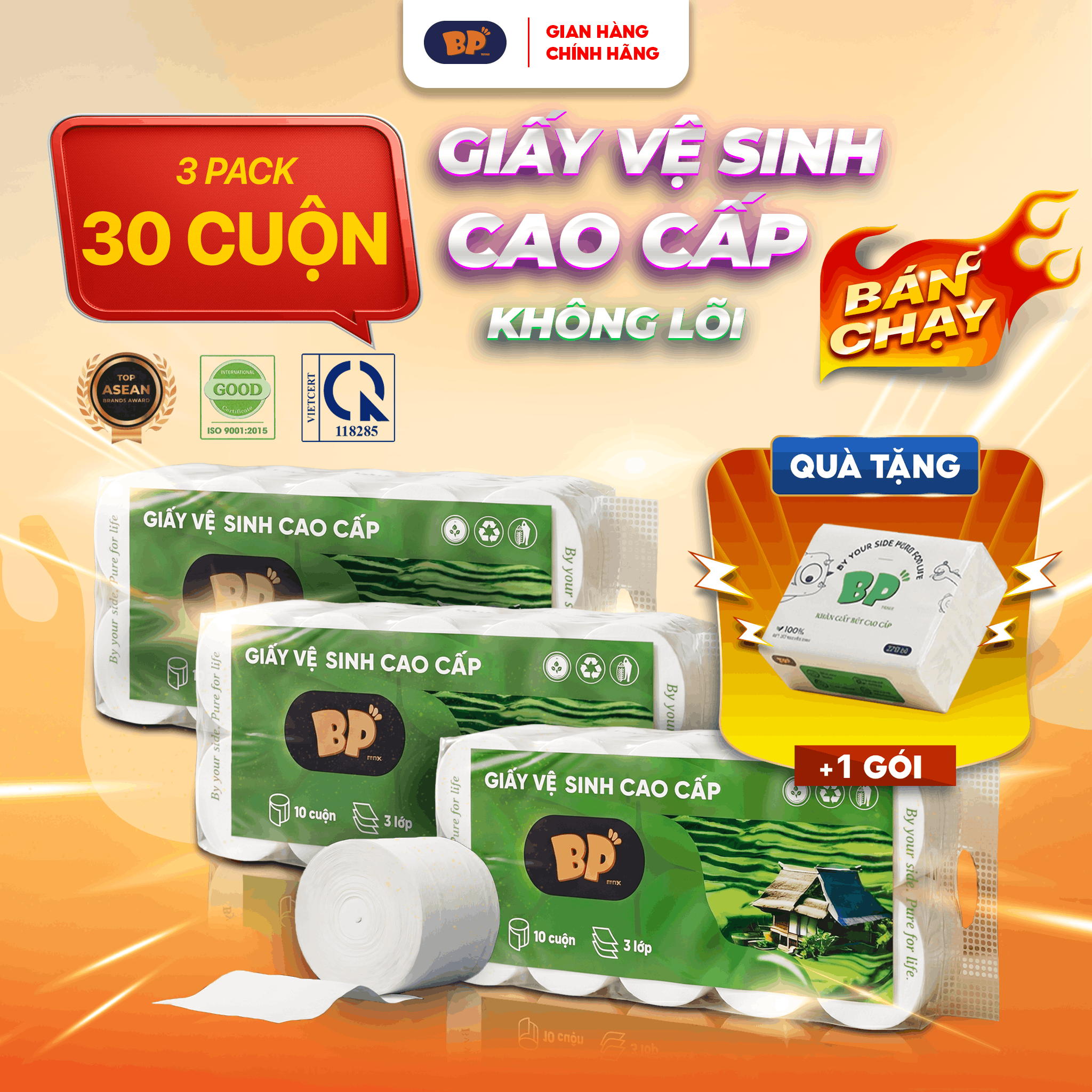 Giấy Vệ Sinh Cao Cấp BP Tissue Bịch 10 Cuộn 3 Lớp Dày Mềm 100% Bột Giấy Nguyên Sinh An Toàn Tiện Lợi