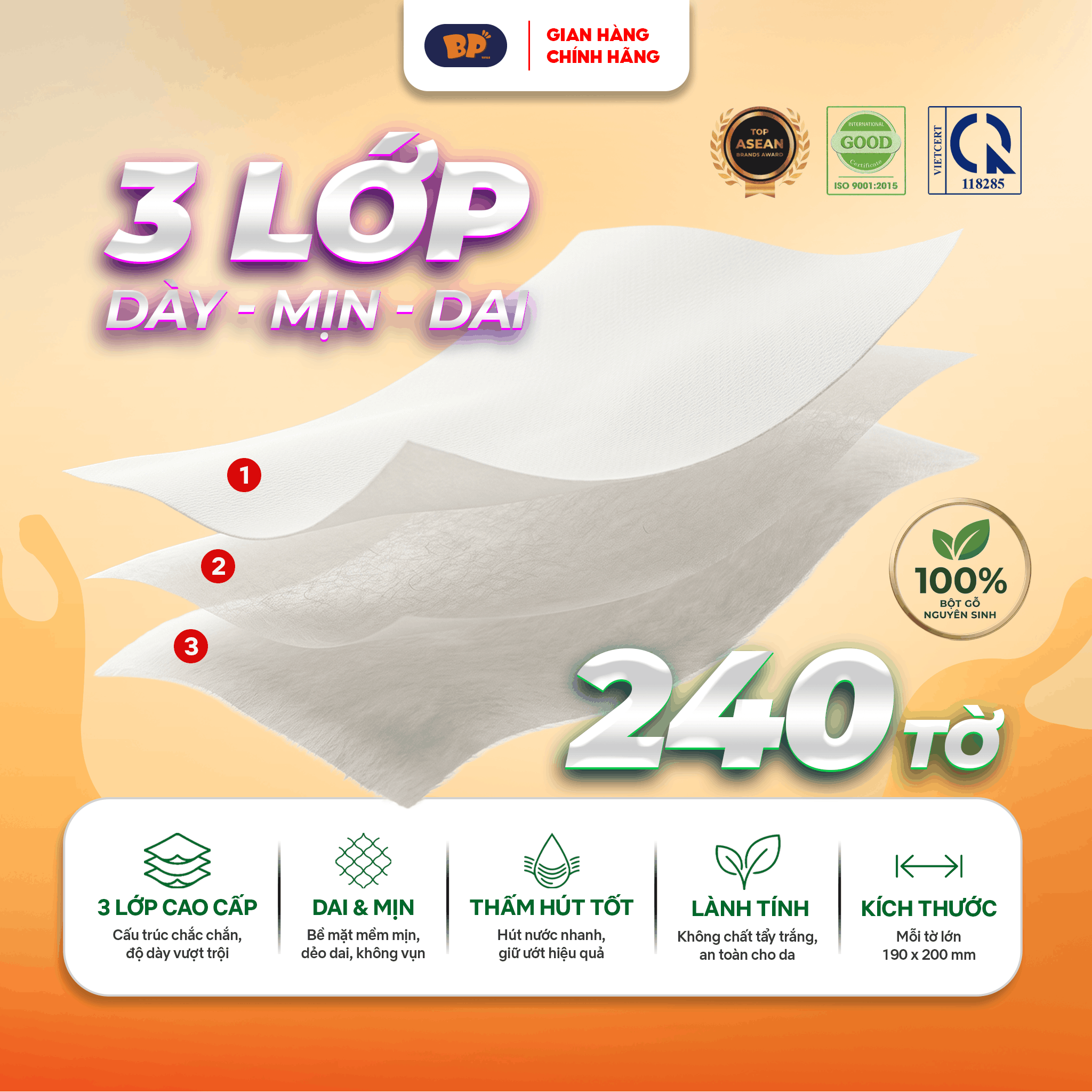Khăn Giấy Rút Cao Cấp BP Tissue Hộp 240 Tờ 100% Bột Giấy Nguyên Sinh Thấm Hút Tốt An Toàn Cho Da