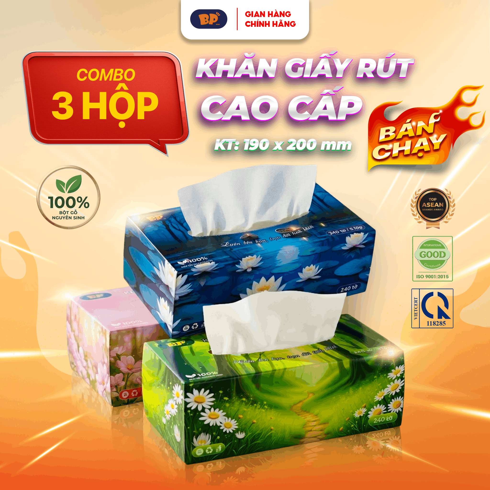 Khăn Giấy Rút Cao Cấp BP Tissue Hộp 240 Tờ 100% Bột Giấy Nguyên Sinh Thấm Hút Tốt An Toàn Cho Da