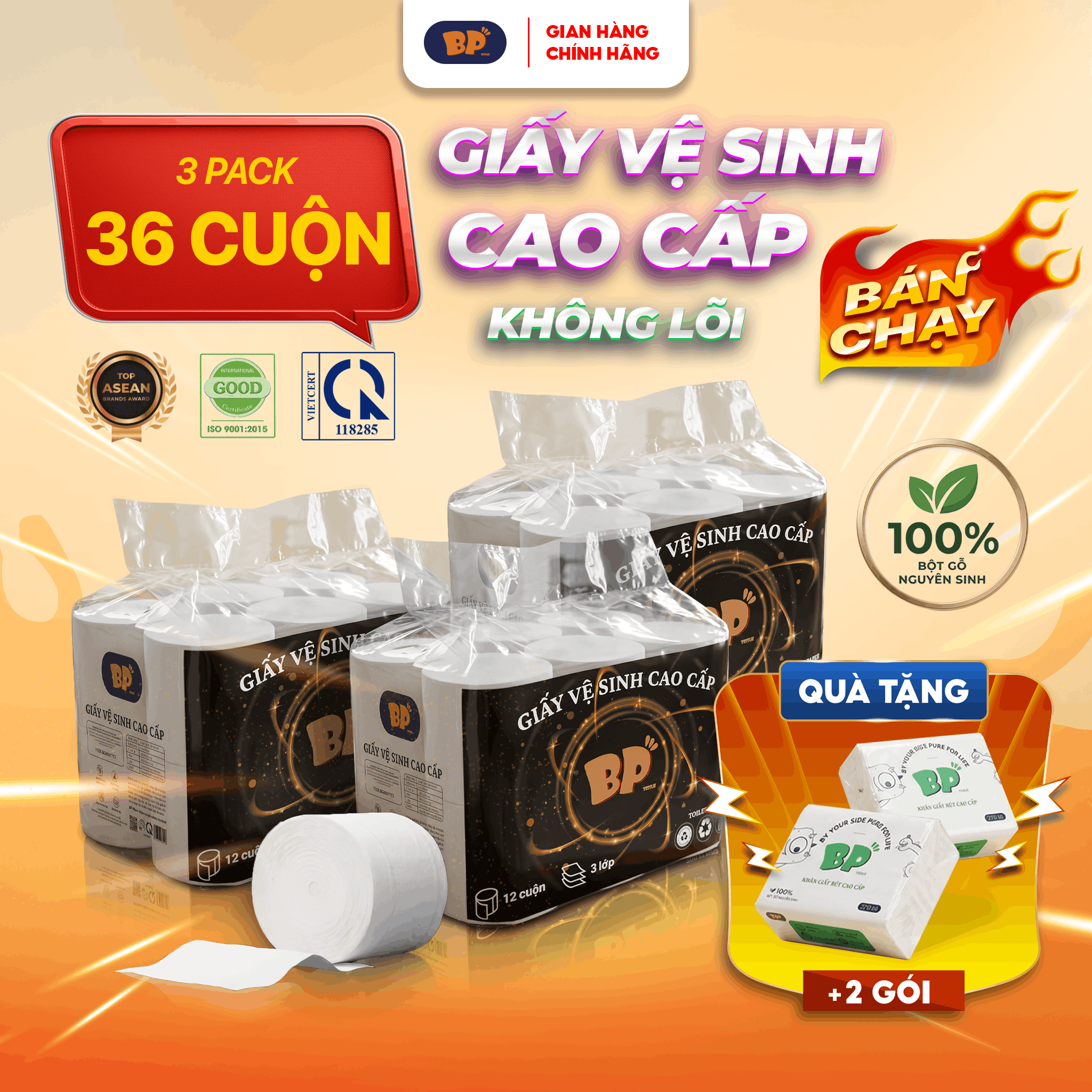 Giấy Vệ Sinh Cao Cấp Không Lõi BP Tissue 12 Cuộn 3 Lớp Chất Liệu Mềm Mại An Toàn Loại Bỏ 99% V.i K.huẩn Thấm Hút Tốt Tiện Lợi