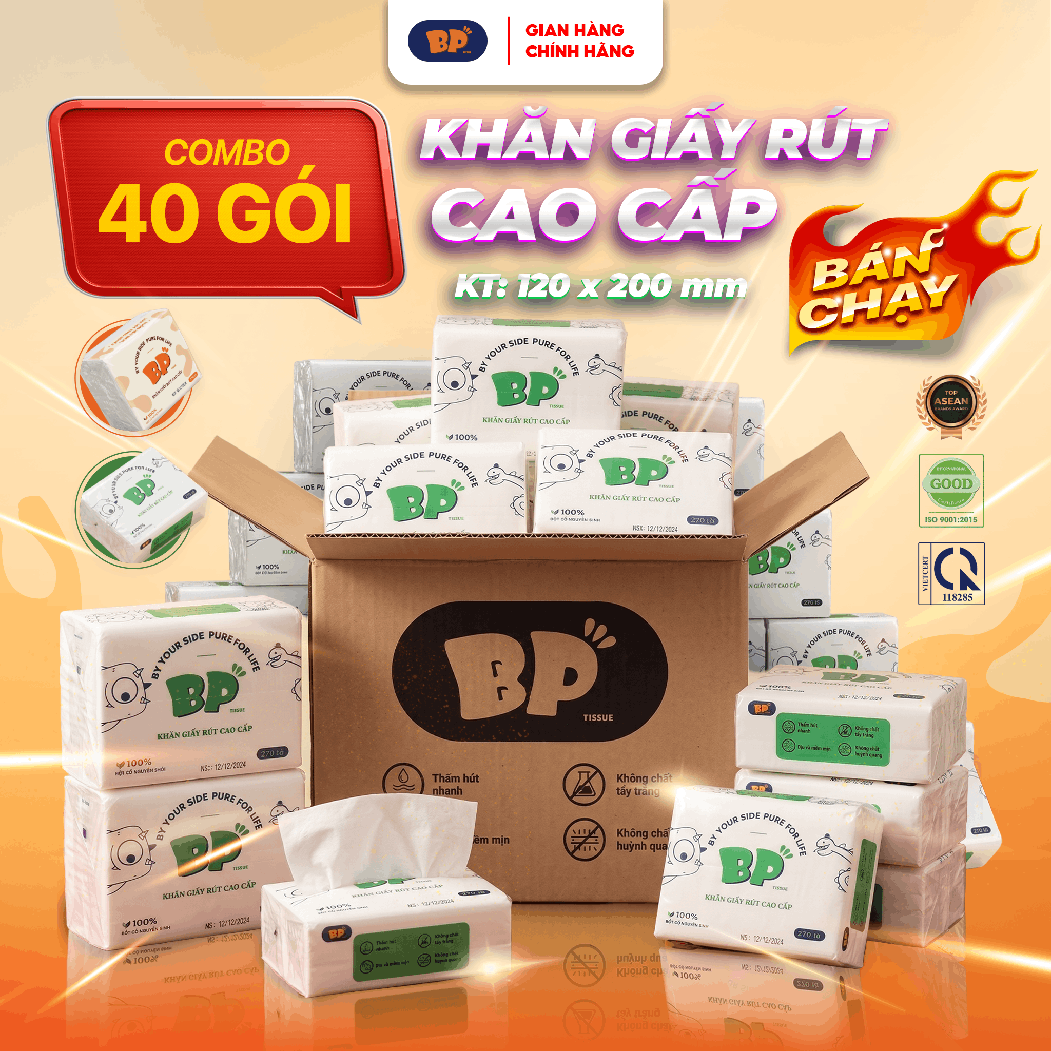 Thùng 40 Gói Giấy Rút Cao Cấp BP Tissue 270 Tờ Chất Liệu Nguyên Sinh Mềm Mịn An Toàn Cho Da