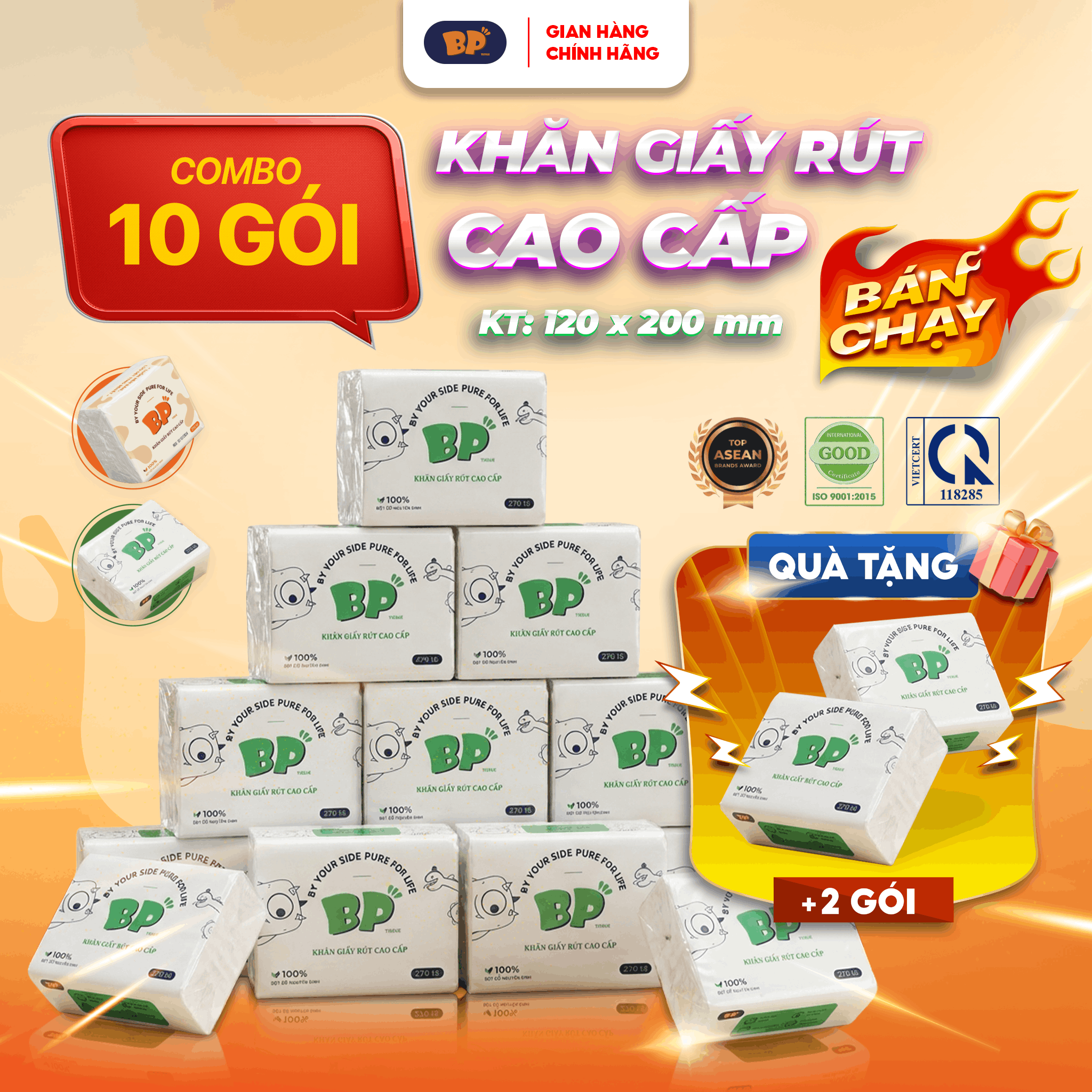 Mua 10 Tặng 2 Gói Khăn Giấy Rút BP Tissue Gói 270 Tờ 3 Lớp Dày Mềm Thấm Hút Nhanh Thiết Kế Tiện Lợi