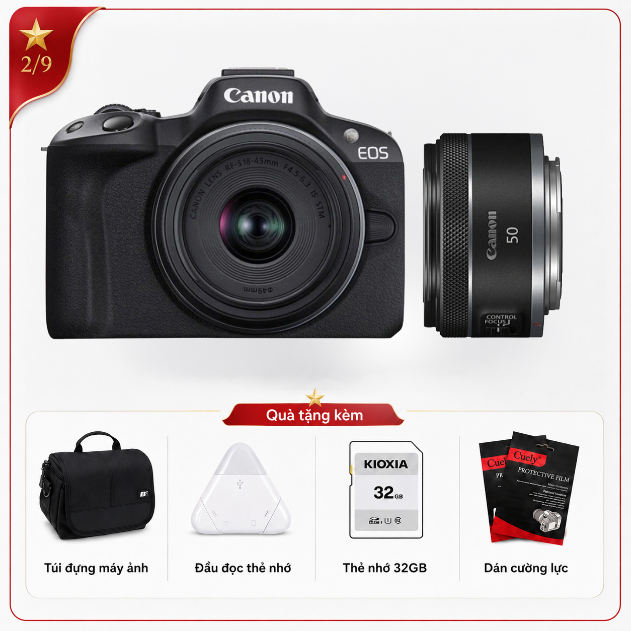 Canon EOS R50 + Kèm Kit Lens 18-45mm + RF 50mm f/1.8 STM (Chính hãng)