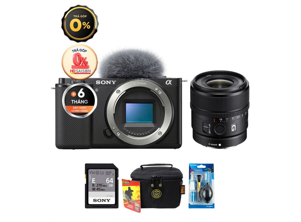 Sony ZV-E10 + E 15mm f/1.4 G (Chính hãng) (Thẻ Nhớ 64GB + Túi Máy Ảnh + Bộ Vệ Sinh)