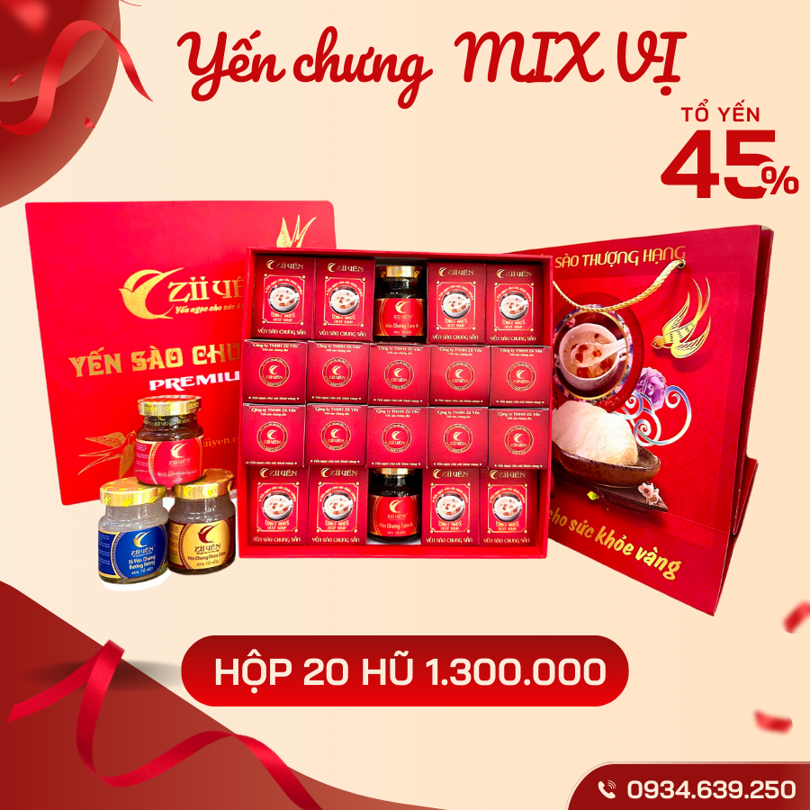 Hộp 20 hũ Yến chưng sẵn MIX VỊ – 45% tổ Yến