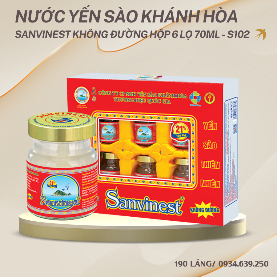 Nước yến sào Khánh Hòa Sanvinest không đường hộp 6 lọ 70ml - S102