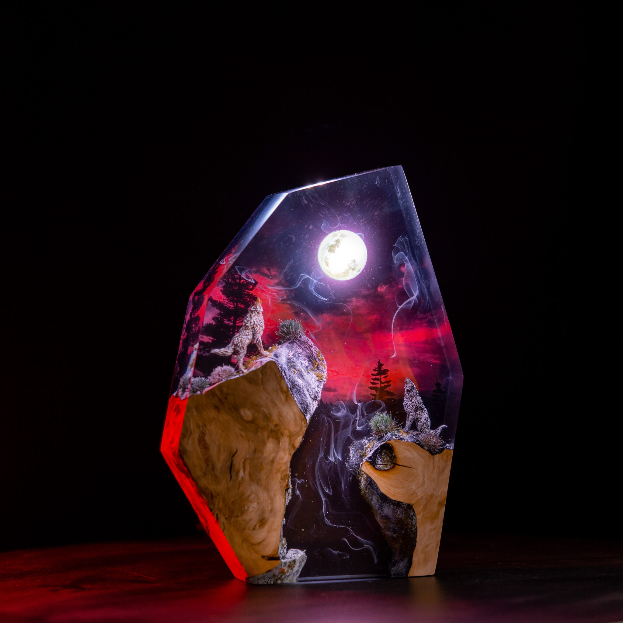 Wild Beauty in Light: Hunter’s Moon & Wolves in Pine Forest Resin Lamps by BreakWooden