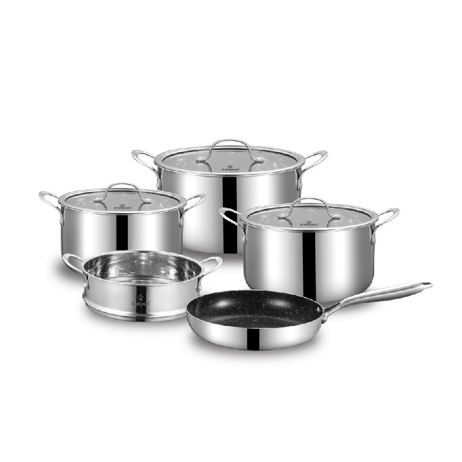 Bộ nồi 5 món inox liền khối, 3 nồi 16-20-24cm, 1 chảo 24cm, 1 xửng hấp 24cm KALPEN KF3