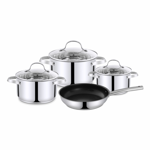 Bộ nồi 4 món inox 304, 5 đáy Kalpen Lermat L2. Nồi size 18-22-26cm và chảo chống dính 26cm
