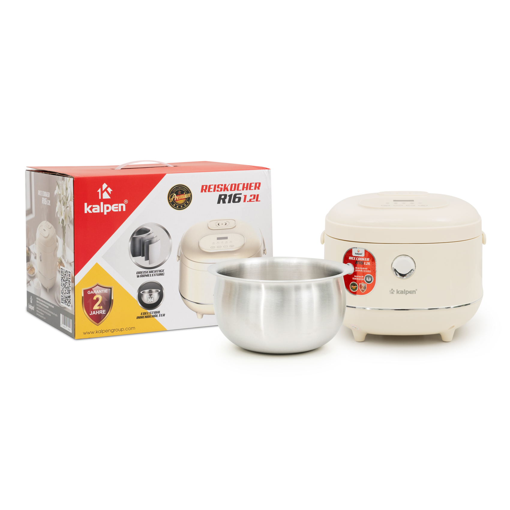 Nồi cơm điện lòng inox 304 liền khối 3 lớp Kalpen R16 1.2L cao cấp - 5 chế độ nấu cảm ứng, chống dính CNC, bảo hành 24T