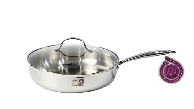 Chảo Inox 3 Lớp Đúc Liền Khối chống dính tự thân, kèm nắp vung kính AULUX TTB-26/28/30.
