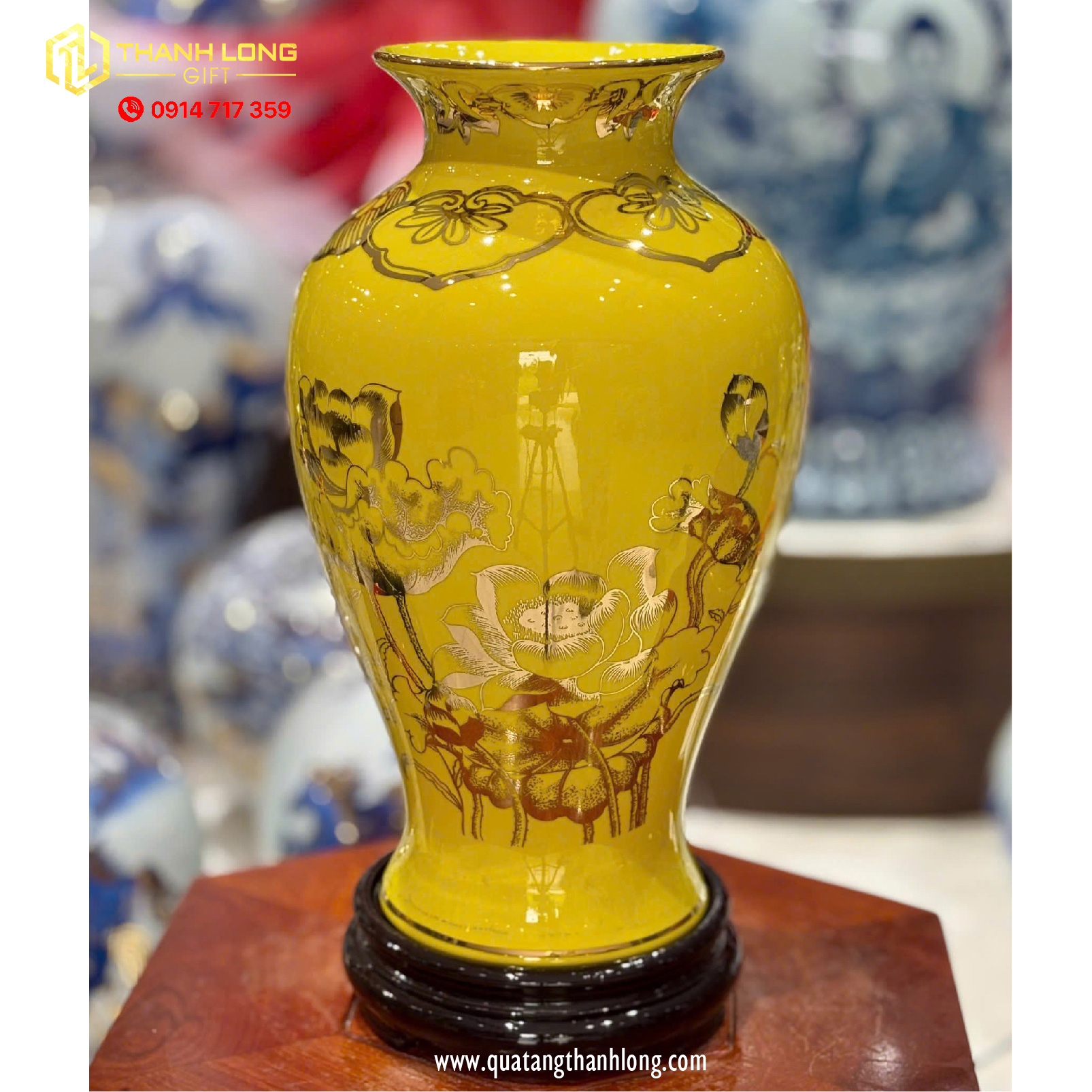 Bình Hoa Gốm Màu Vàng họa tiết Hoa Sen Ánh Kim  - In logo theo yêu cầu