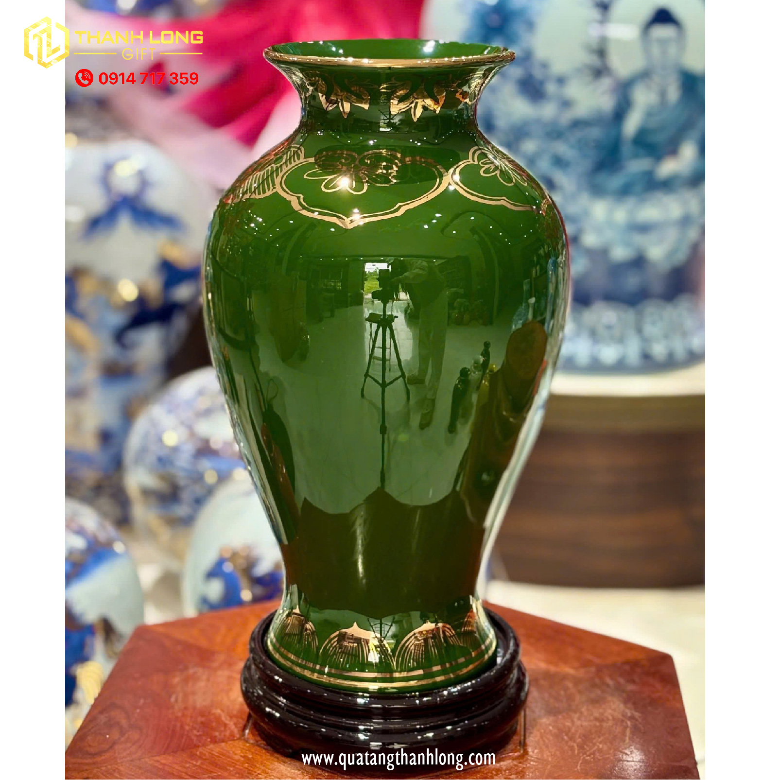 Bình Hoa Gốm Màu Phỉ Thúy họa tiết Hoa Sen Ánh Kim  - In logo theo yêu cầu