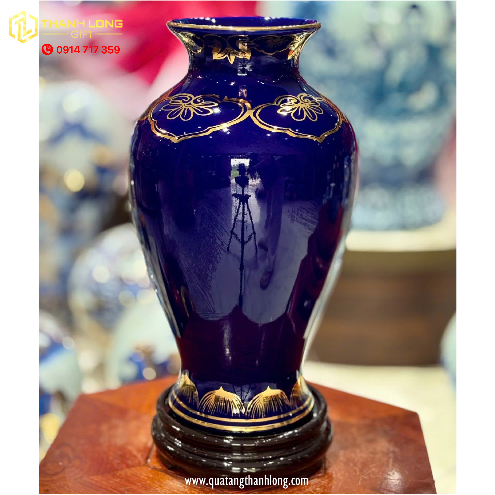 Bình Hoa Gốm Màu Xanh Tím họa tiết Hoa Sen Ánh Kim  - In logo theo yêu cầu