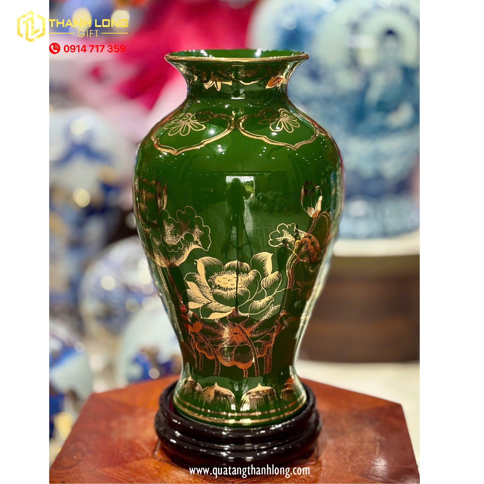 Bình Hoa Gốm Màu Phỉ Thúy họa tiết Hoa Sen Ánh Kim  - In logo theo yêu cầu