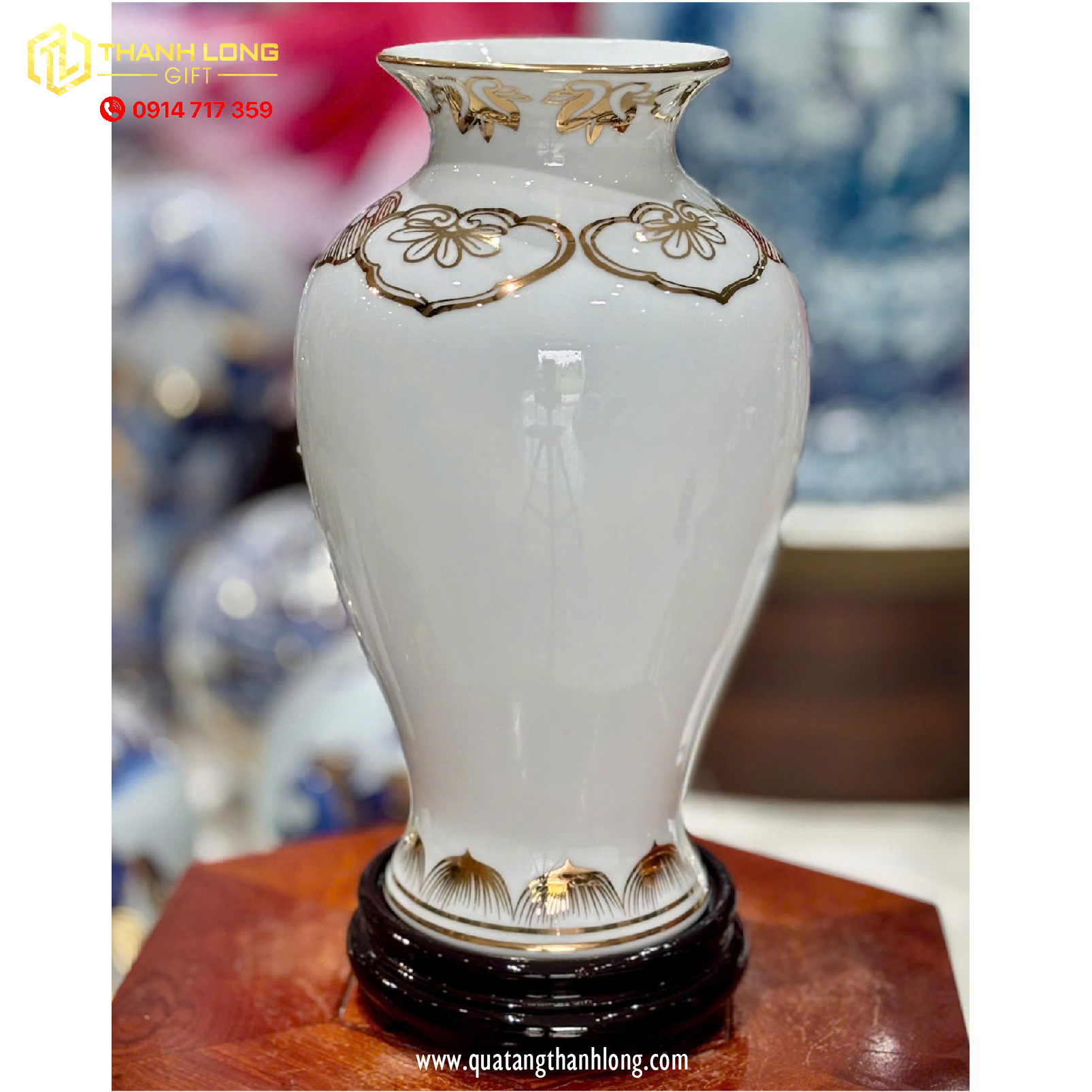 Bình Hoa Gốm Màu Trắng họa tiết Hoa Sen Ánh Kim  - In logo theo yêu cầu