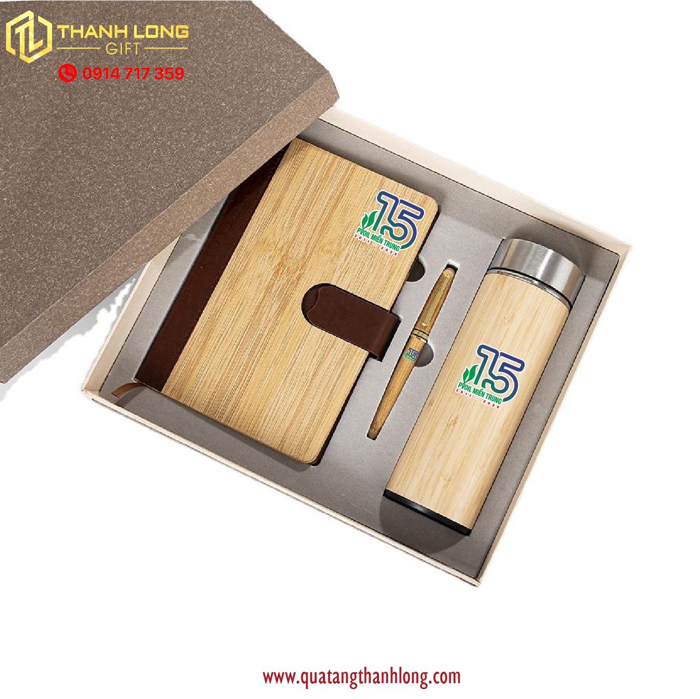 Bộ gift set Sổ da - bút bi - bình giữ nhiệt tre