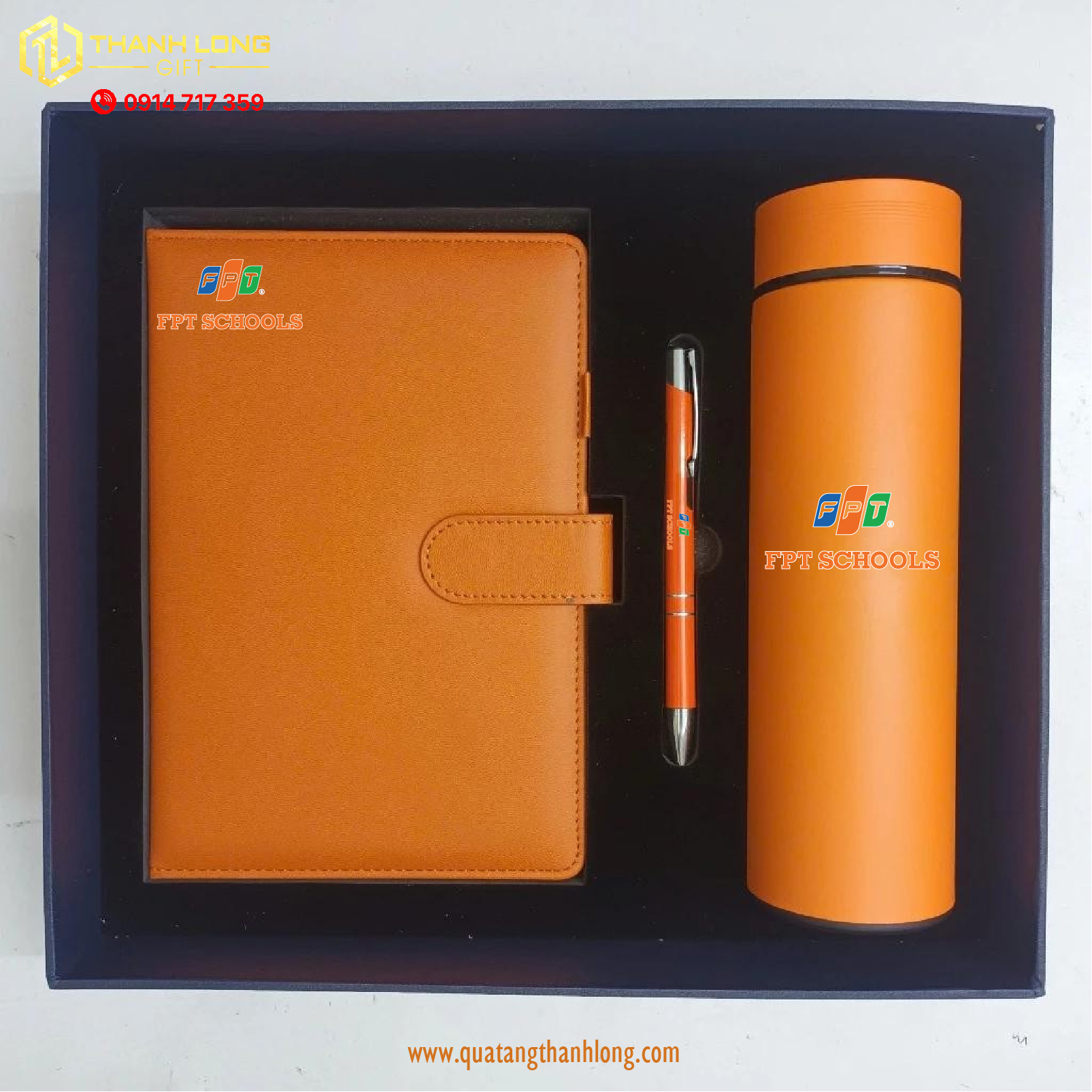 Bộ gift set Sổ da màu cam in logo theo yêu cầu