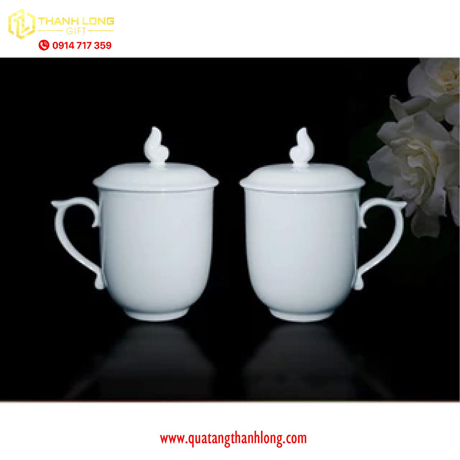Ly sứ nắp lửa trắng in logo