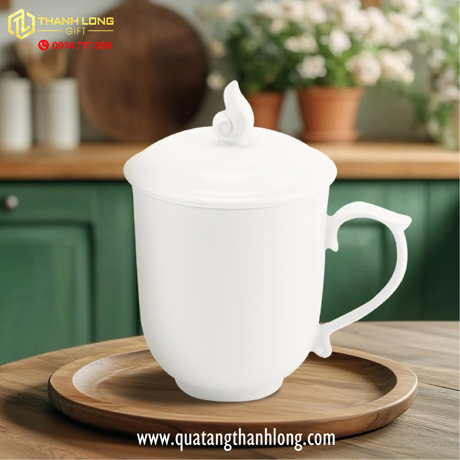 Ly sứ nắp lửa trắng in logo