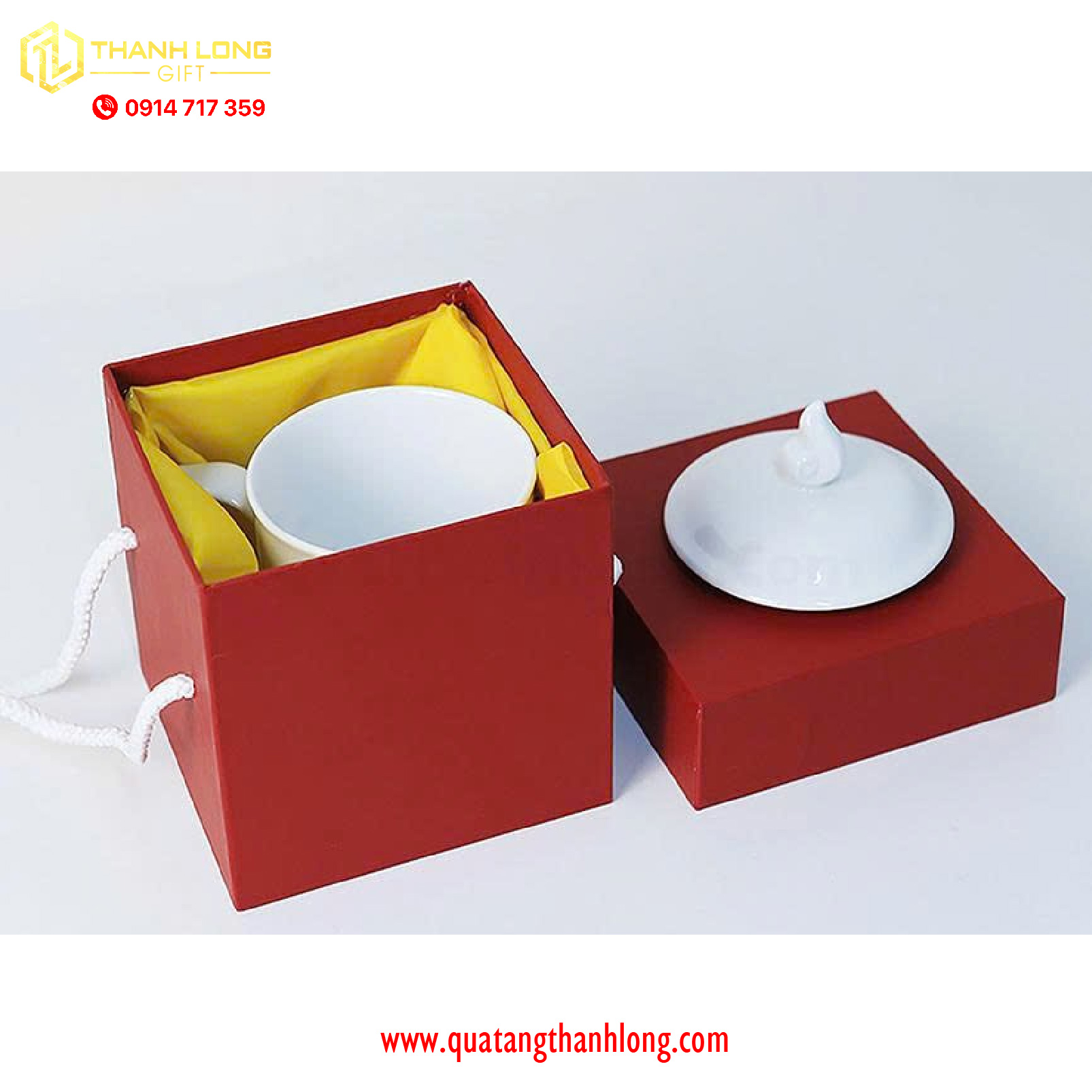 Ly sứ nắp lửa trắng in logo