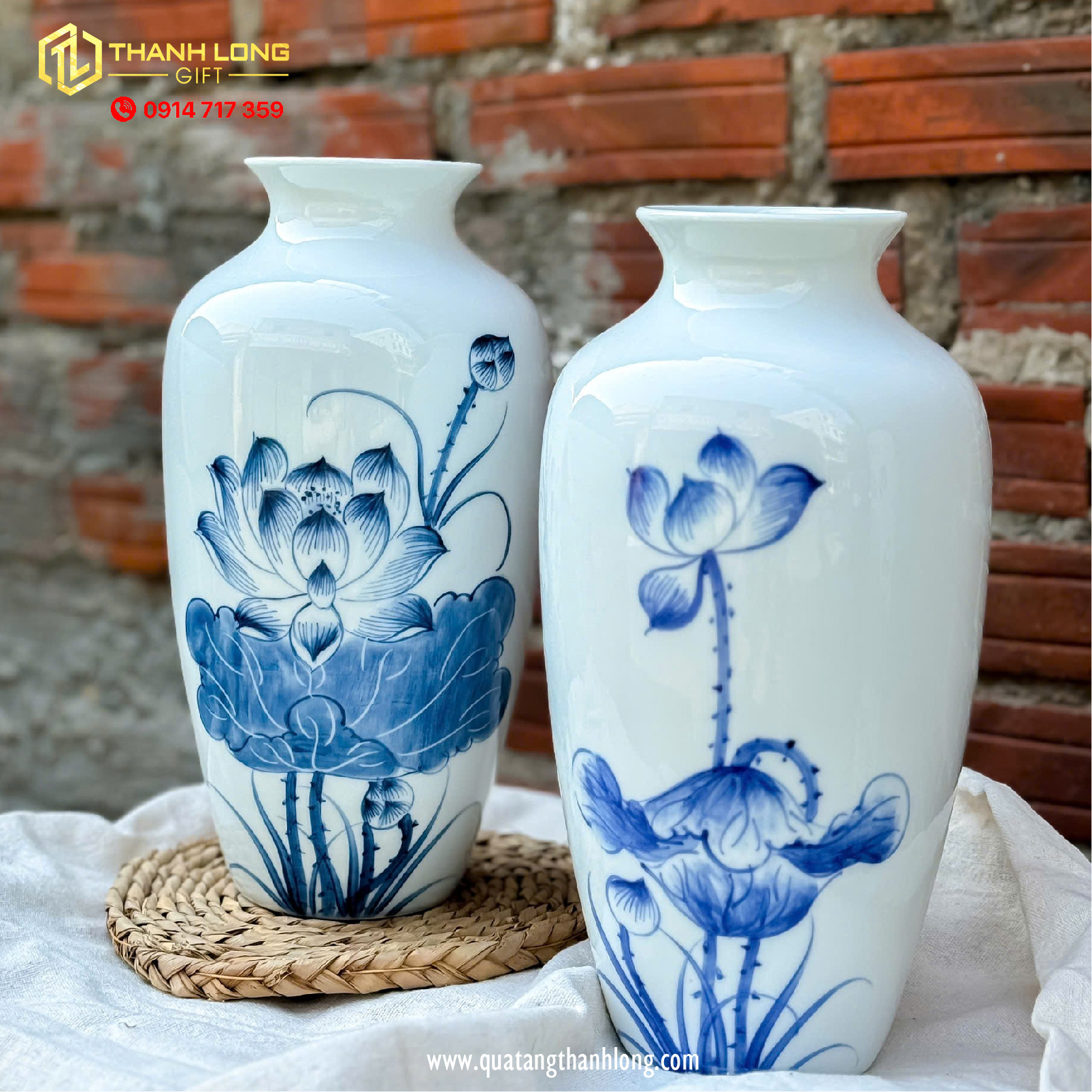 Bình Hoa Sứ họa tiết Hoa Sen và Hoa Sen Ánh Kim  - In logo theo yêu cầu