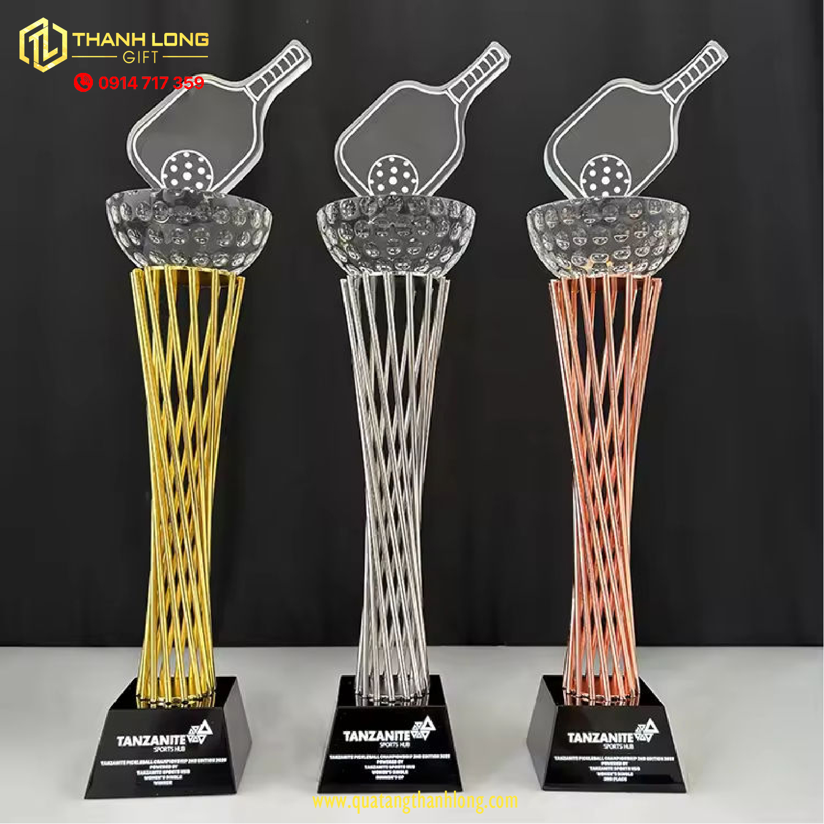 Cúp Thể Thao Pickleball Kim Loại Vàng Bạc Đồng Cao Cấp