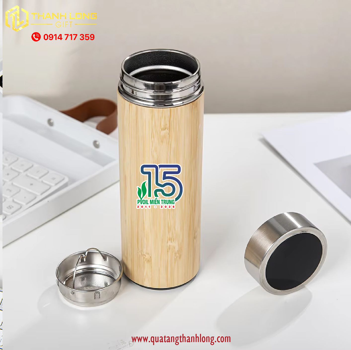 Bộ gift set Sổ da - bút bi - bình giữ nhiệt tre