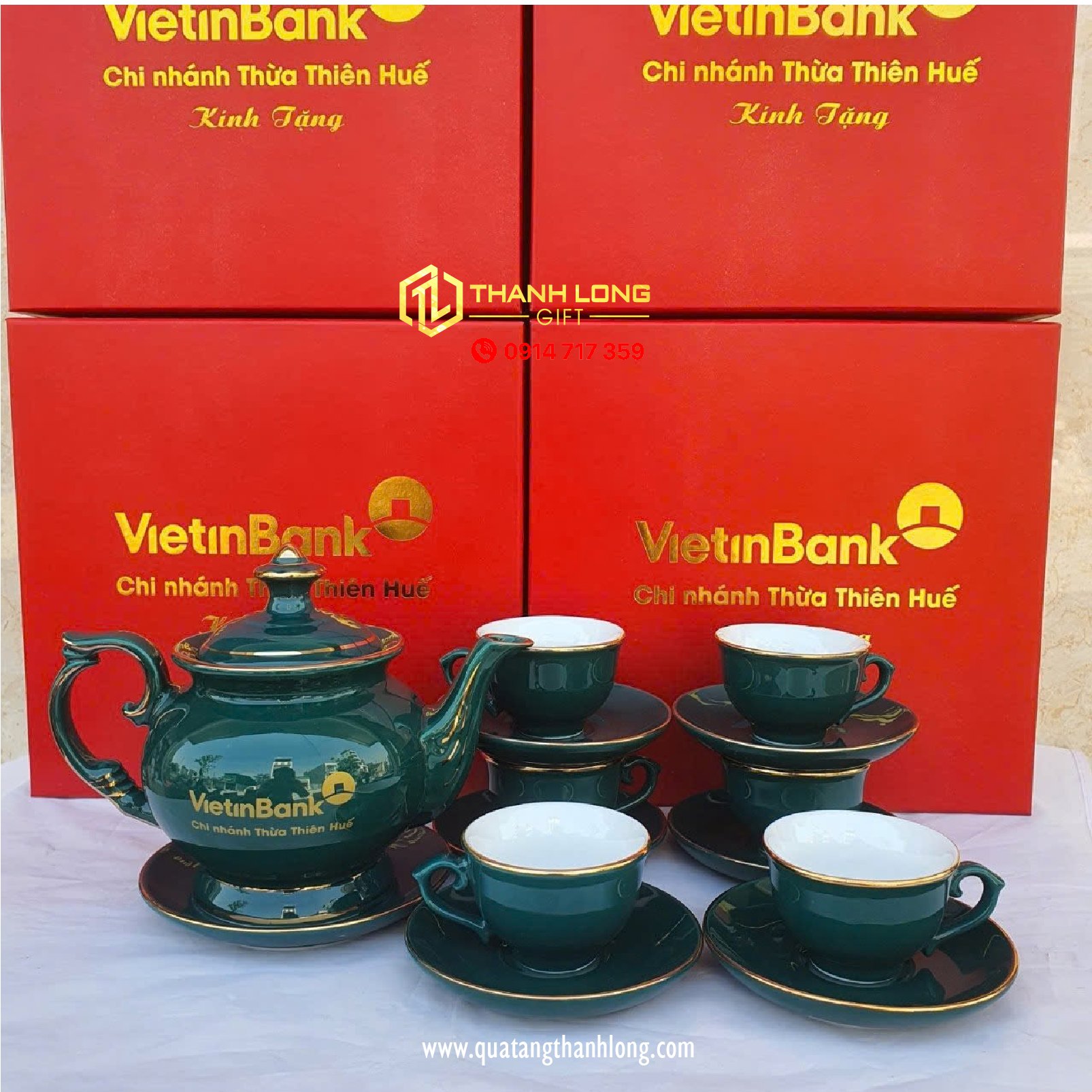 Bộ ấm chén sứ vietinbank Ngọc bích viền gold