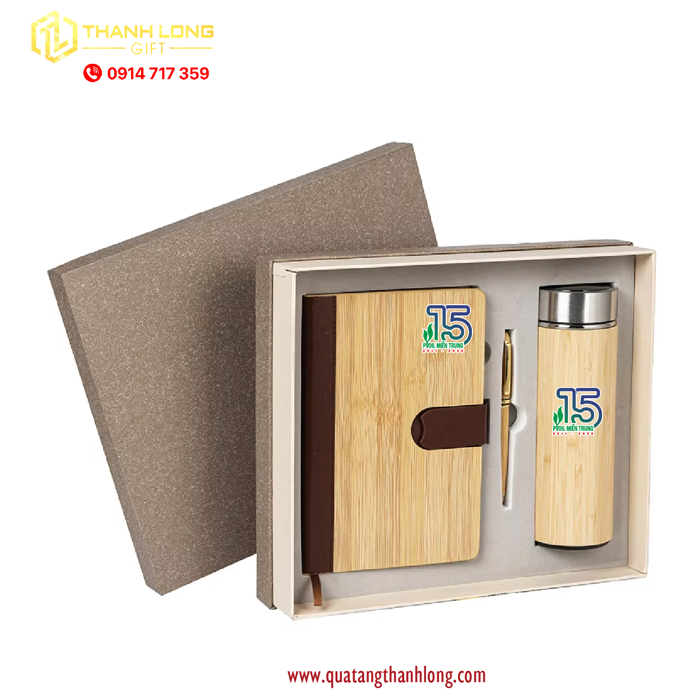 Bộ gift set Sổ da - bút bi - bình giữ nhiệt tre