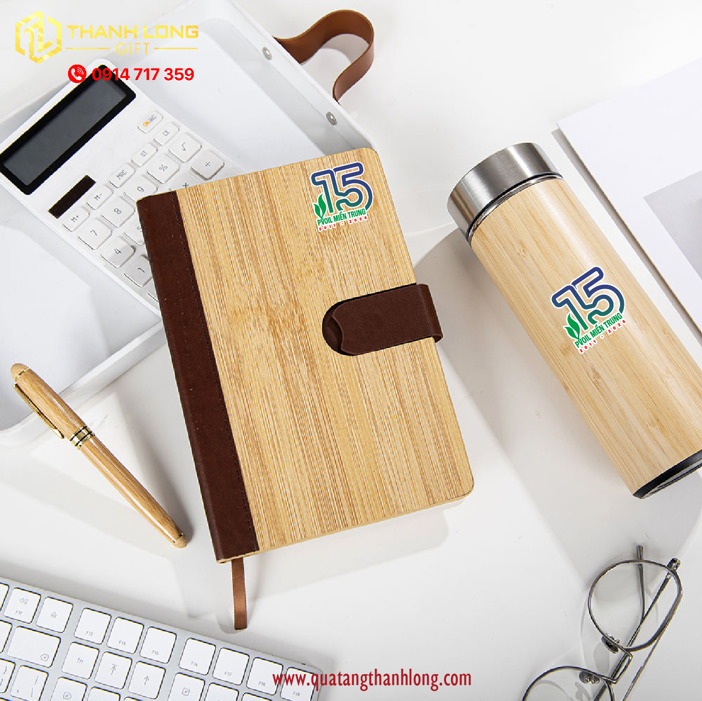 Bộ gift set Sổ da - bút bi - bình giữ nhiệt tre
