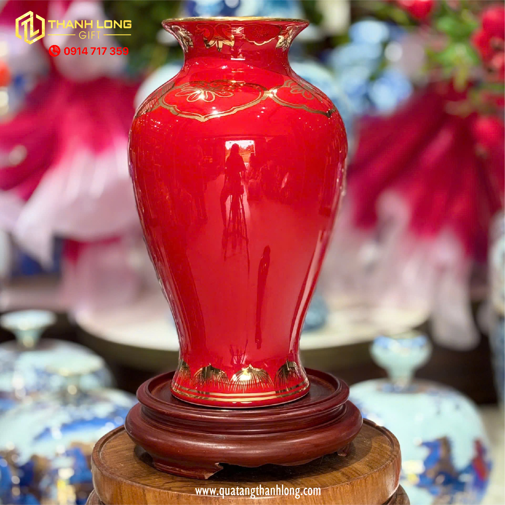 Bình Hoa Gốm Màu Đỏ họa tiết Hoa Sen Ánh Kim  - In logo theo yêu cầu