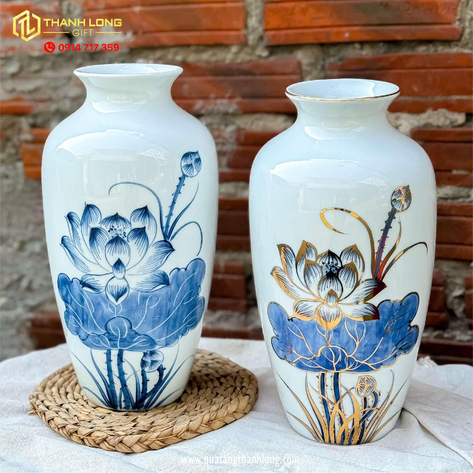 Bình Hoa Sứ họa tiết Hoa Sen và Hoa Sen Ánh Kim  - In logo theo yêu cầu