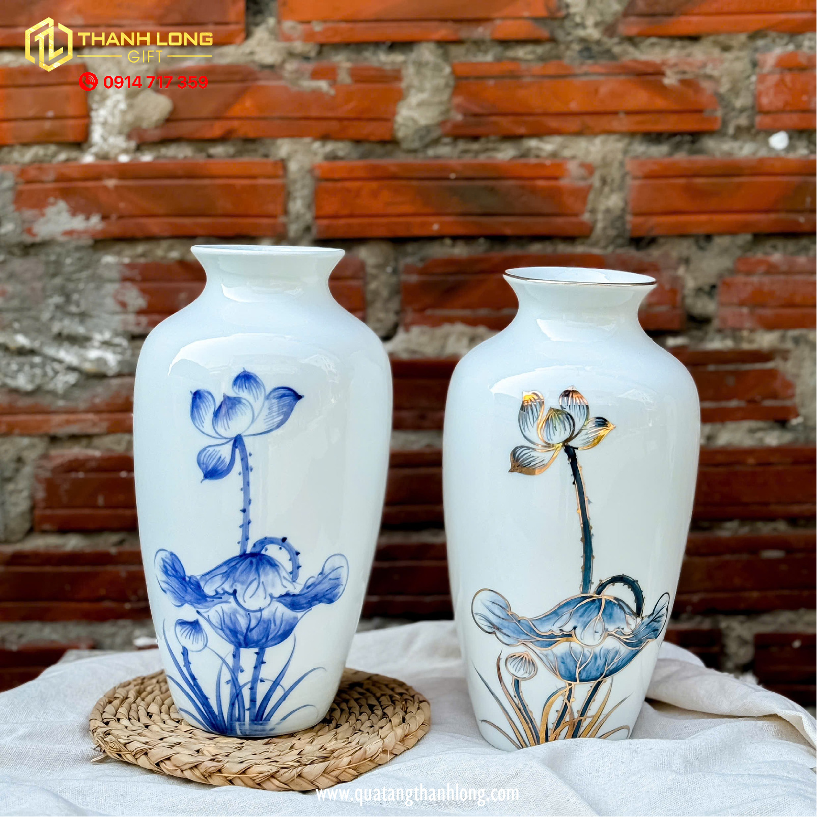 Bình Hoa Sứ họa tiết Hoa Sen và Hoa Sen Ánh Kim  - In logo theo yêu cầu