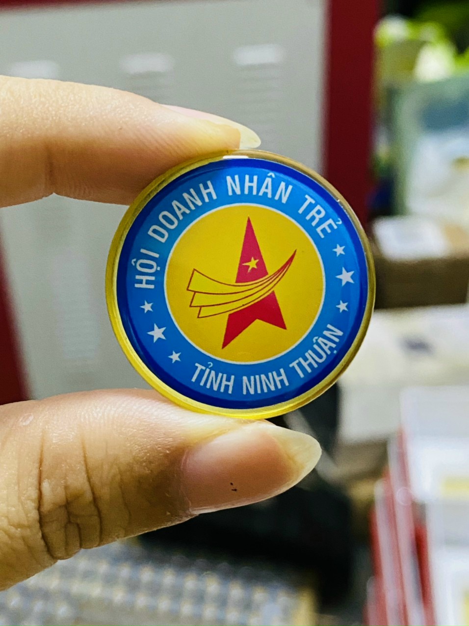 Huy hiệu in phủ thủy tinh hữu cơ đường kinh D25mm, cài gim băng